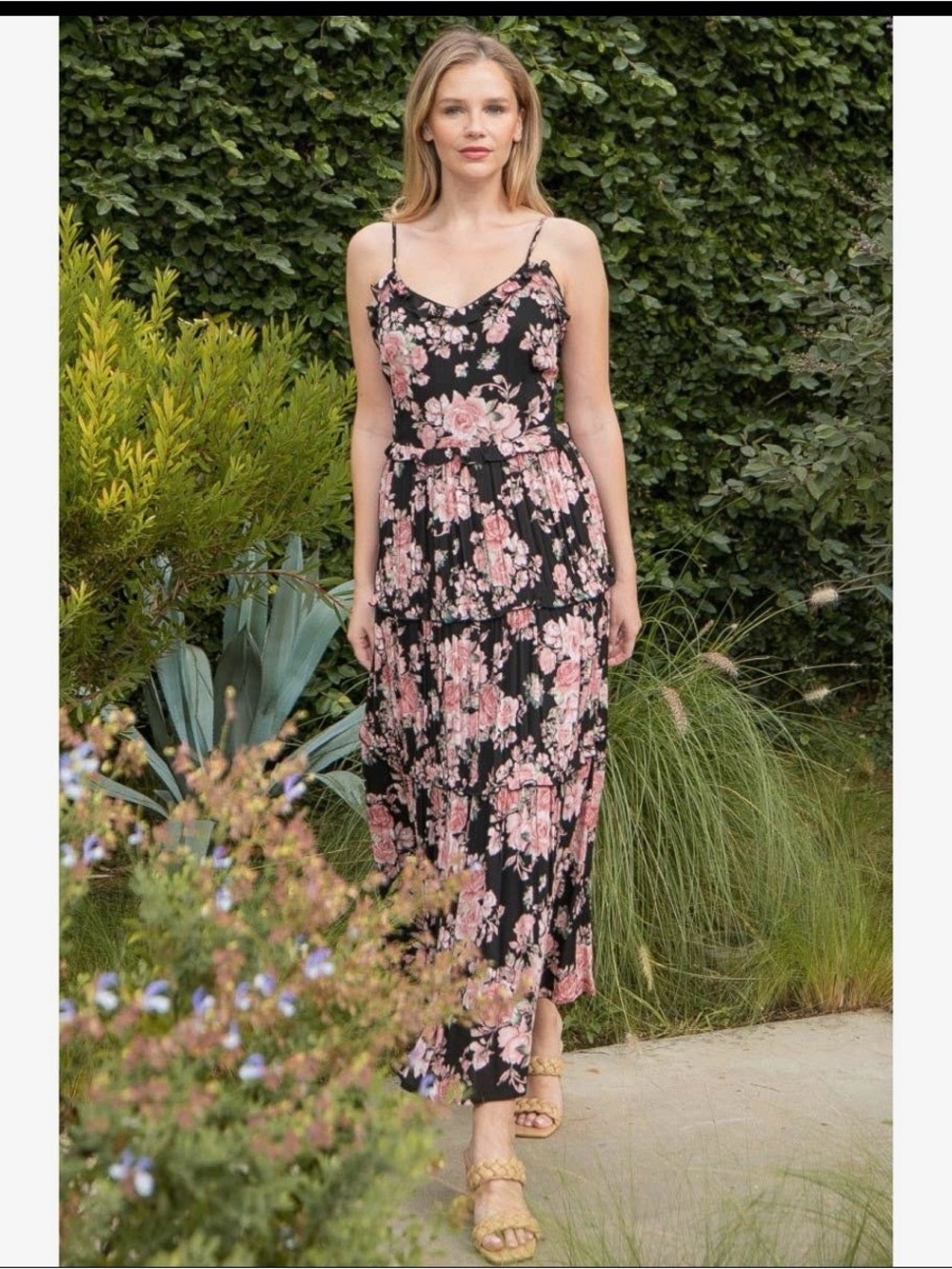 Black & Pink Floral Maxi Dress - Spaghetti Strap